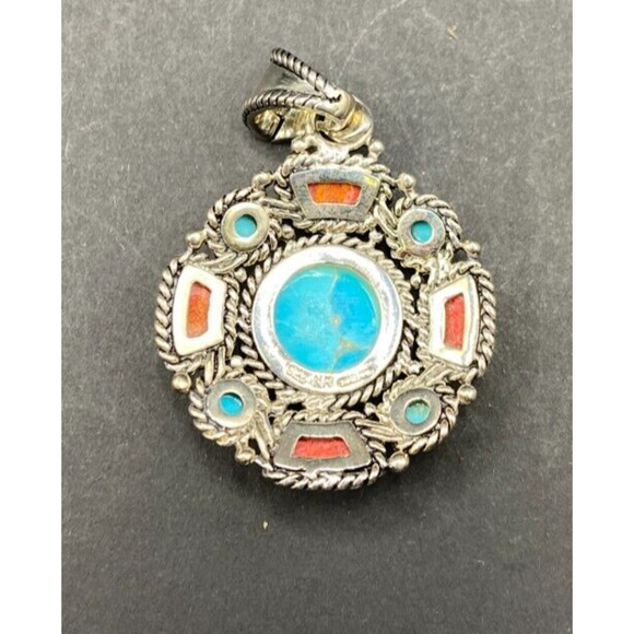 Turquoise Coral Round Charm Pendant Filigree Sterling Silver Crystal NK Thailand - Picture 7 of 8